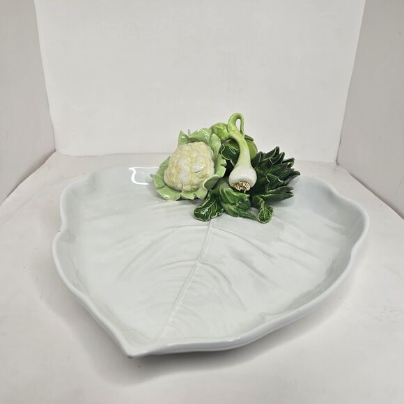 VTG White Leaf Plate Dish W/ 3D Vegetables Italy Cauliflower Artichoke - Picture 3 of 16